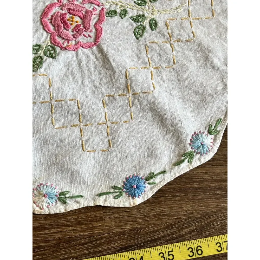 Antique Floral Embroidery Table Runner 16x39 White Cotton Rainbow Boho Scalloped